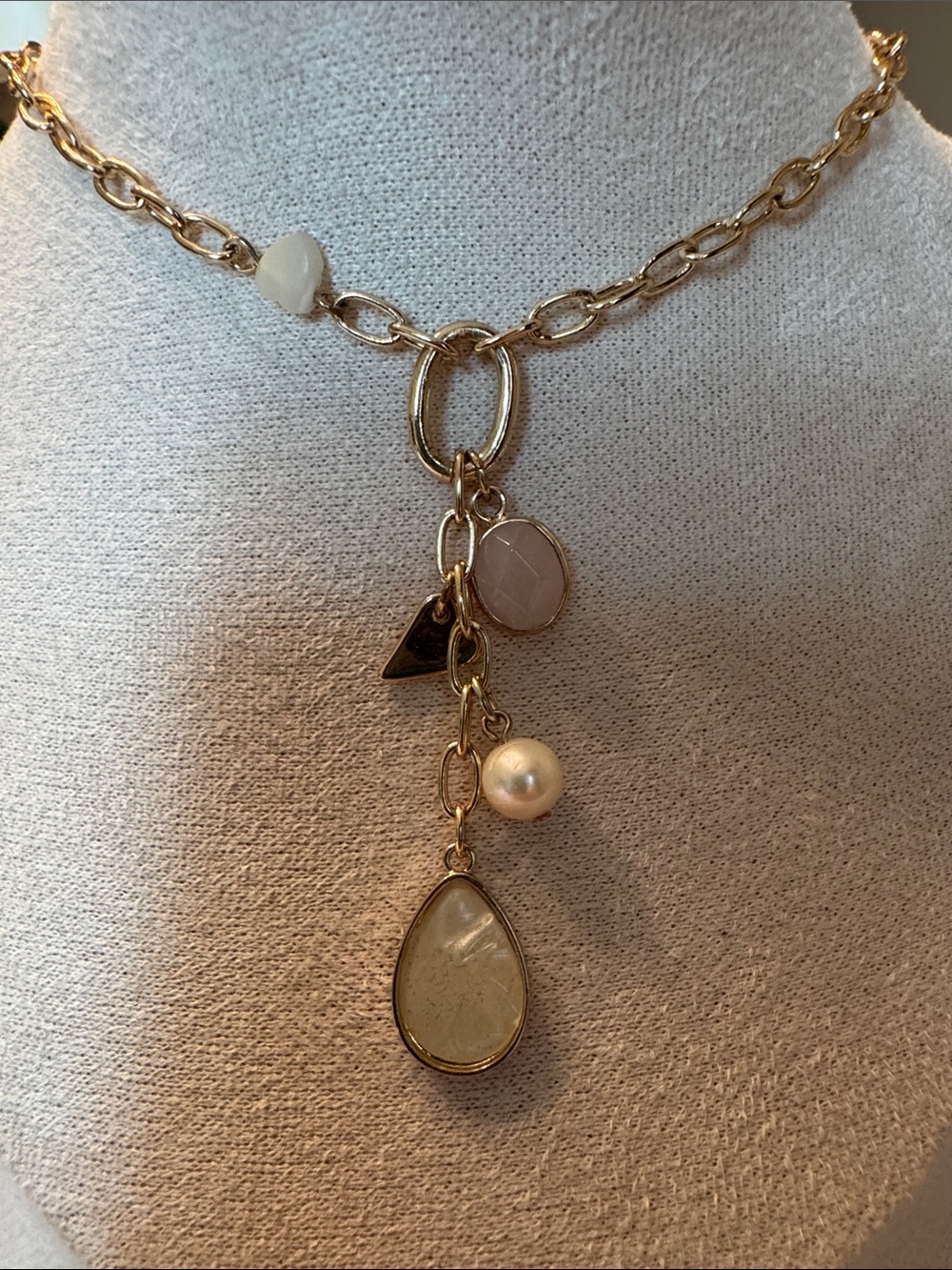 LOFT Gold-Tone Chain Necklace with Cream Teardrop, Pink Stone & Pearl